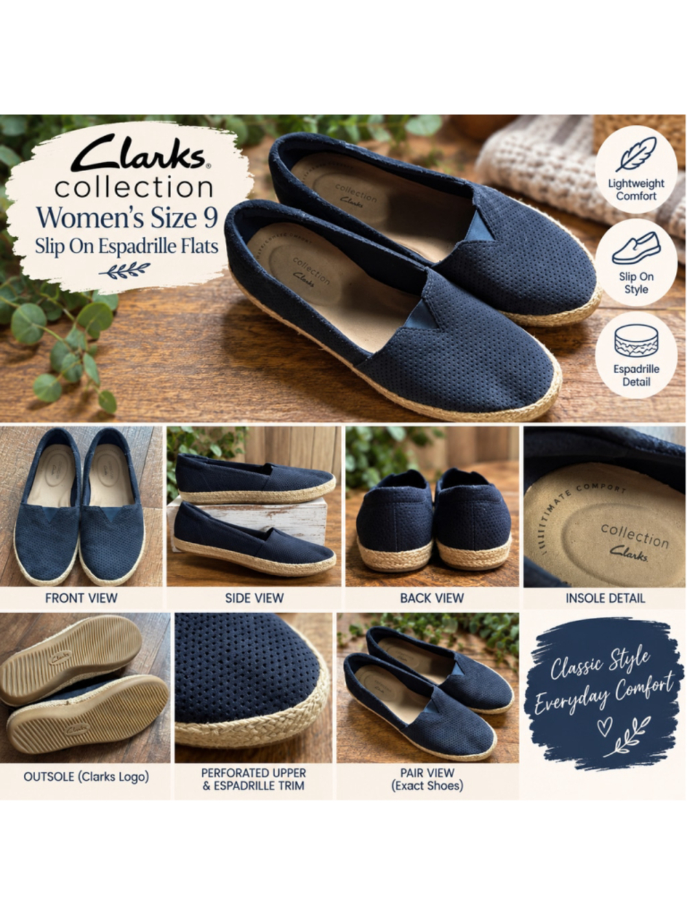 Clarks Collection Women’s Size 9 Navy Blue Perforated Espadrille Slip On Flats